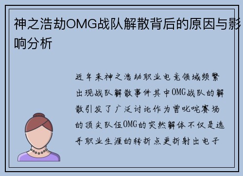 神之浩劫OMG战队解散背后的原因与影响分析
