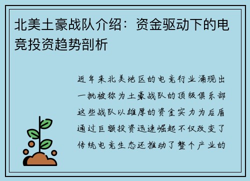 北美土豪战队介绍：资金驱动下的电竞投资趋势剖析